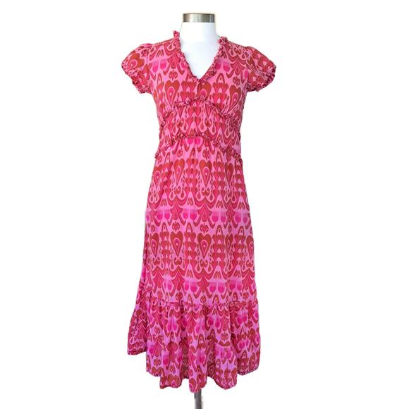 LA PLAGE Mallory Short Sleeve Tiered Maxi Dress XS Pink Red Woodblock Resort - Picture 1 of 9